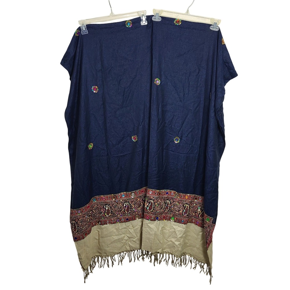 40x90" Navy Sequin Beaded Oversized Scarf Shawl Wrap Paisley Stole Ethnic Boho